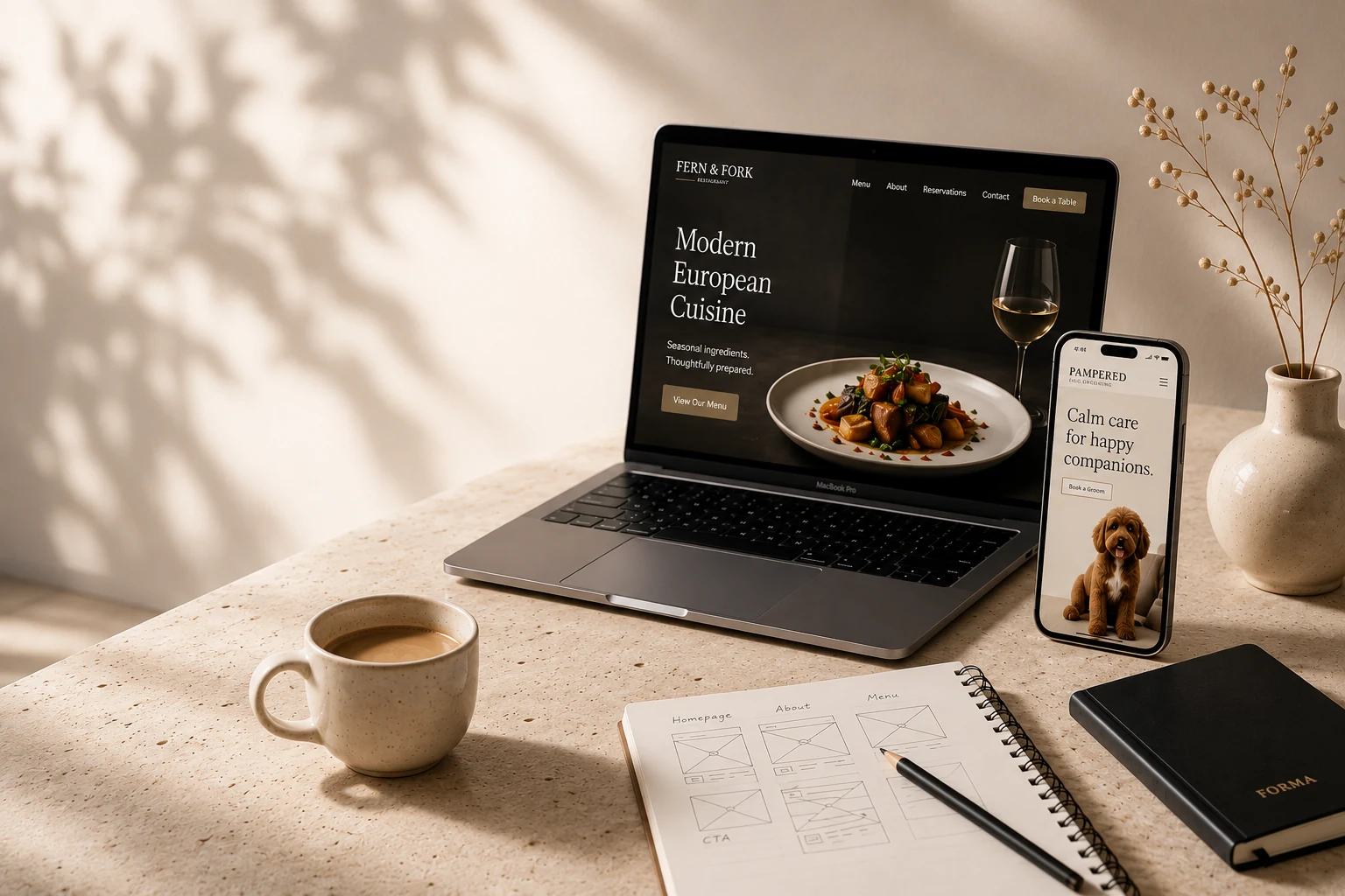 A laptop and phone on a sunlit desk showing the Fern & Fork and Pampered concept websites, beside a coffee cup, sketchbook and ceramic vase