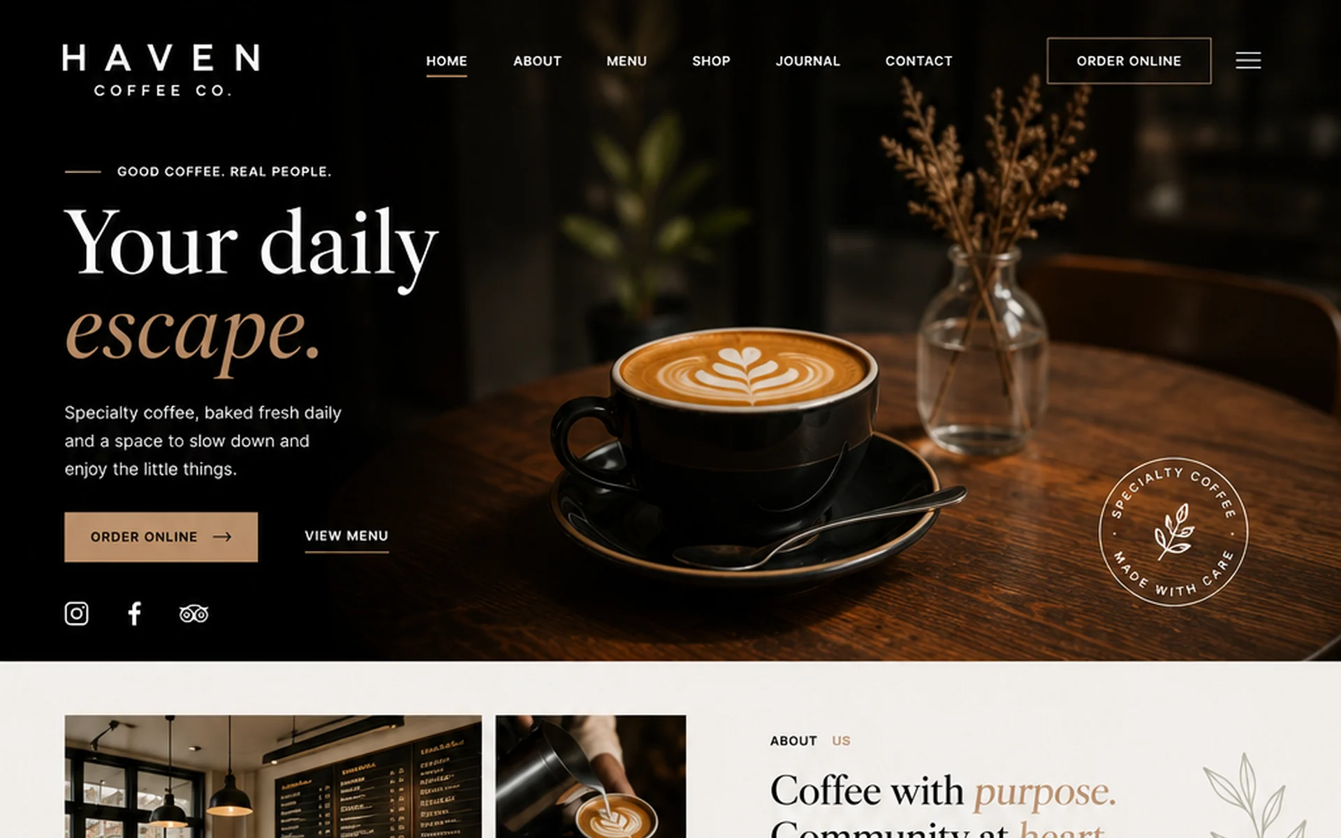 Haven coffee shop concept website, desktop view