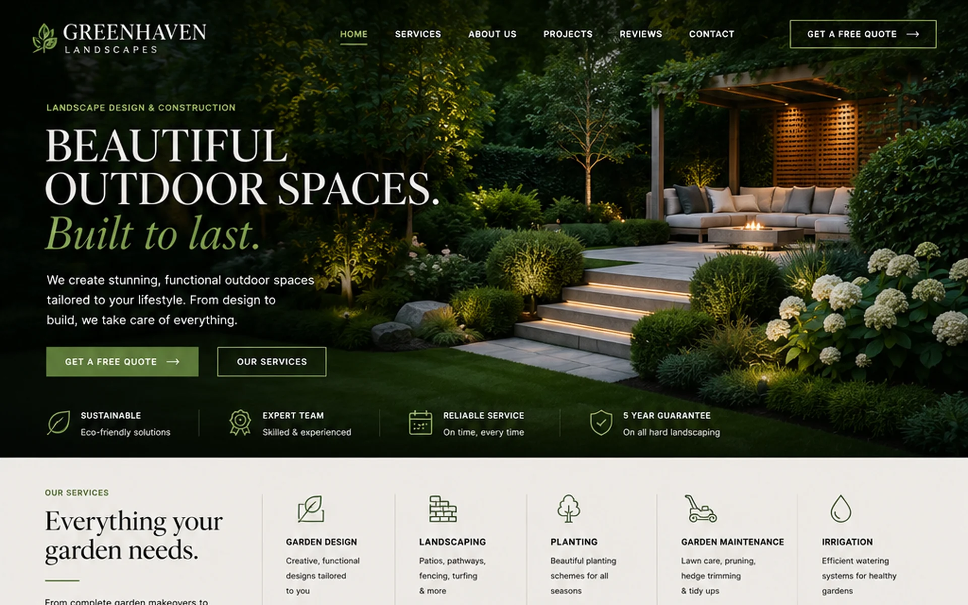Greenhaven landscaping concept website, desktop view