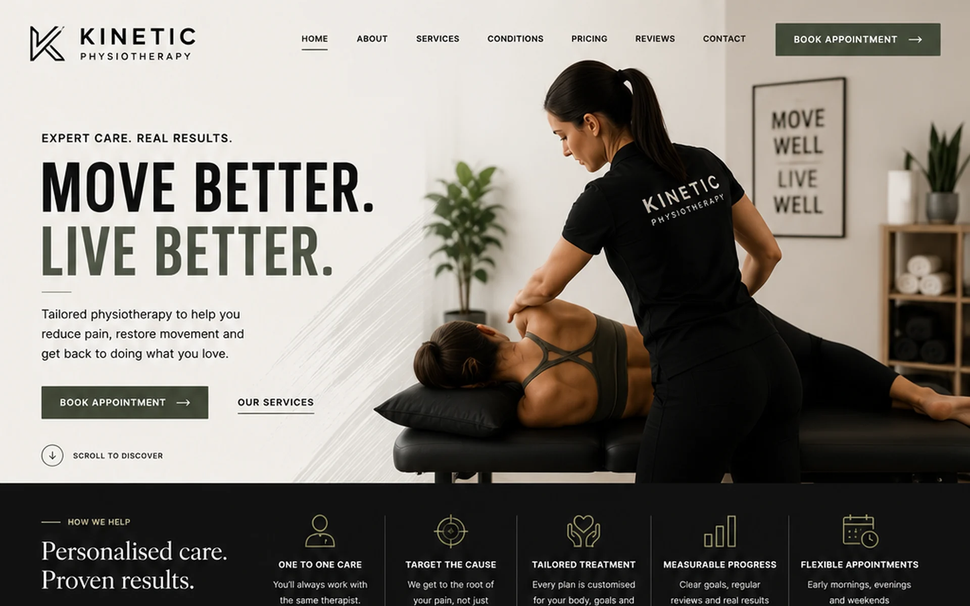Kinetic physiotherapy concept website, desktop view