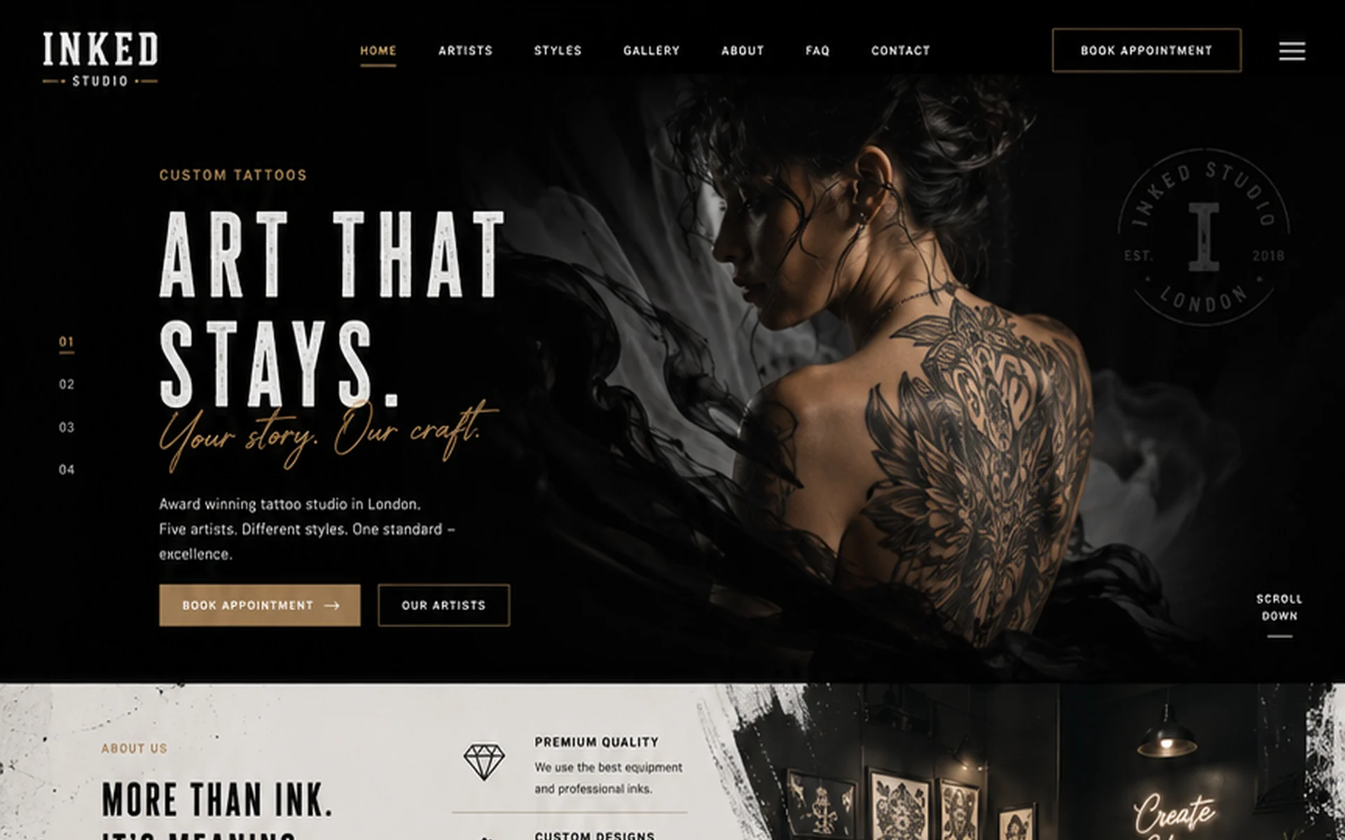 Nemesis Tattoo concept website, desktop view